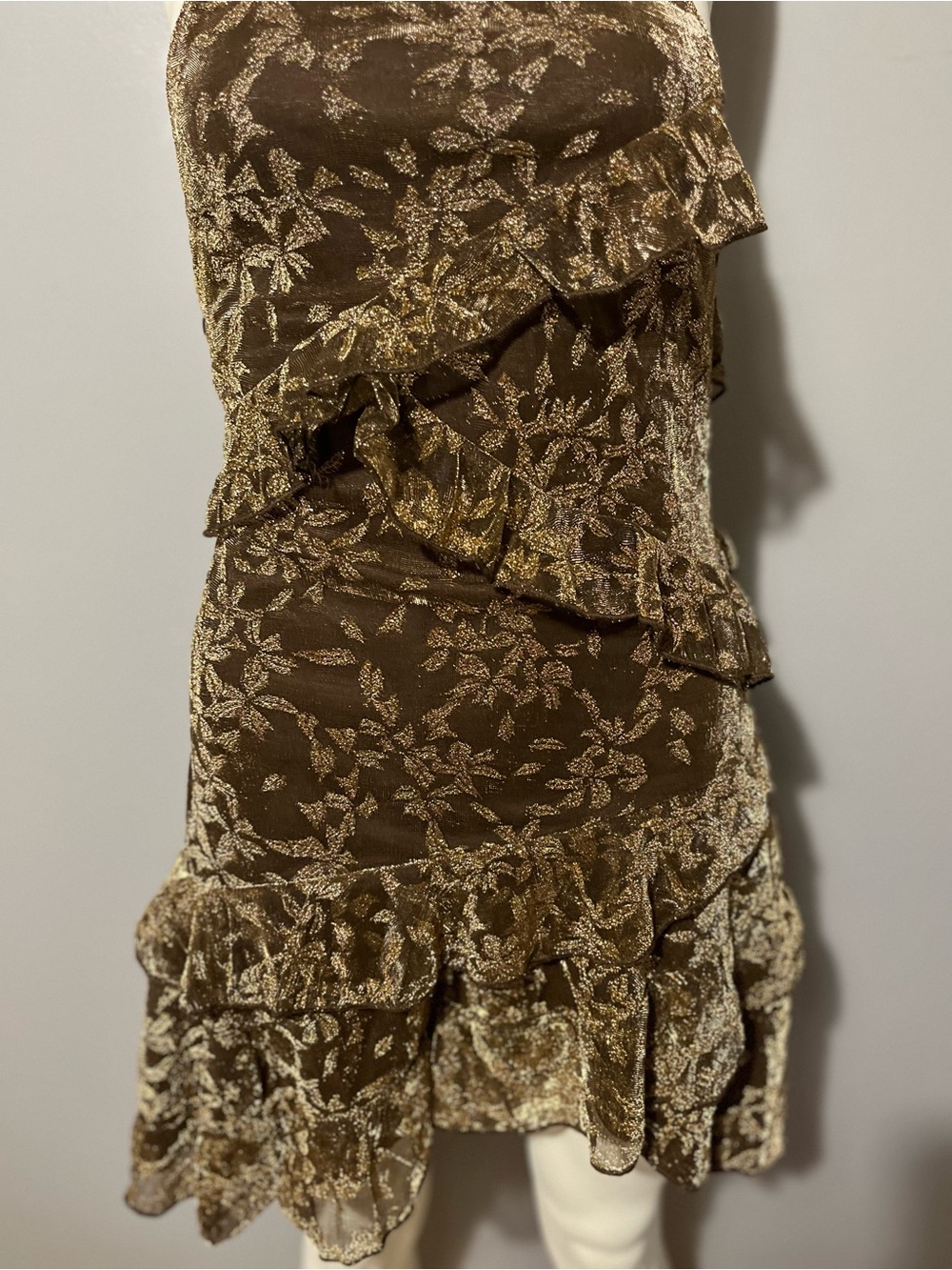 PrettyLittleThing Gold Floral Halter Ruffle Mini Dress - Picture 6 of 7